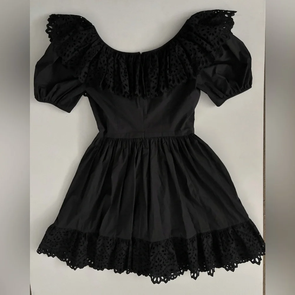 $2K Michael Kors Collection COTTON POPLIN PUFF-SLEEVE EYELET DRESS IN BLACK 6 - Picture 12 of 12